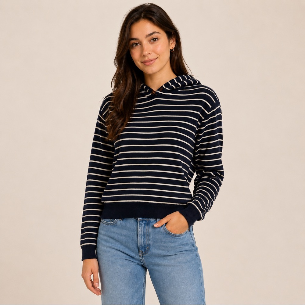 Striped Navy and Cream Hooded Pullover Sweatshirt
